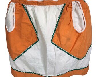 Vintage apron Mod Geo orange green and white triangle pockets vintage rick rak