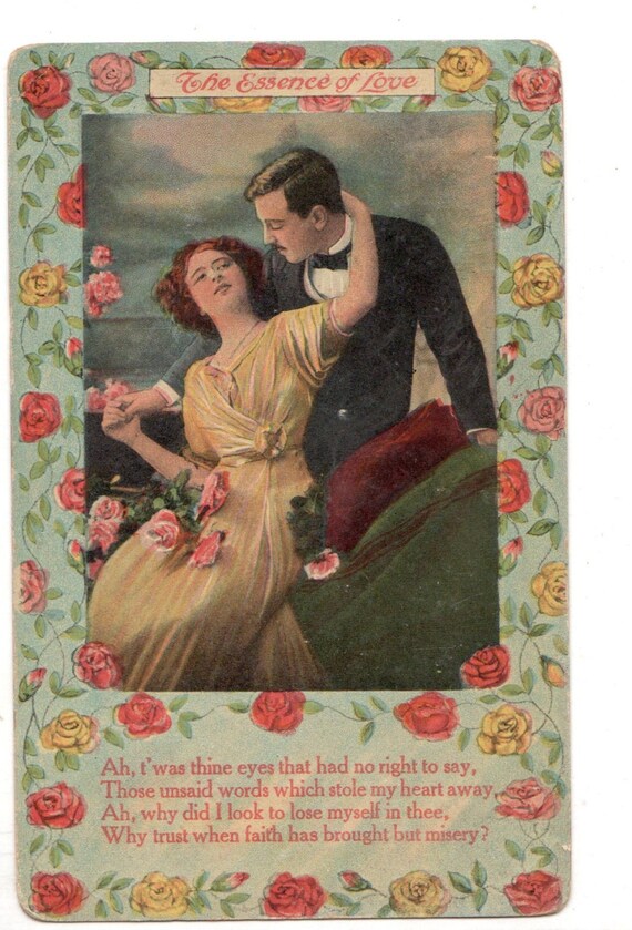 The Essence Of  Love vintage postcard roses and hearts