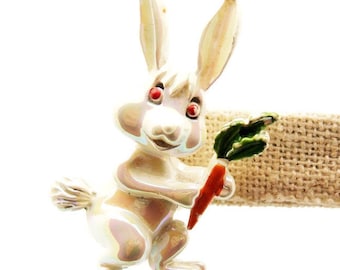 Vintage Iridescent White Bunny Rabbit Scatter Pin Easter Carrot Kitsch
