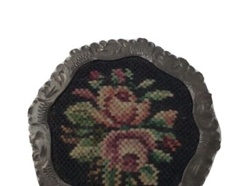 Vintage Brooch Small Pin Floral Tapestry Cottagecore Victorian handstitched grannycore