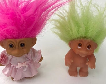 Vintage Russ Dam Trolls lot of 2 90s kitsch pink hair green hair
