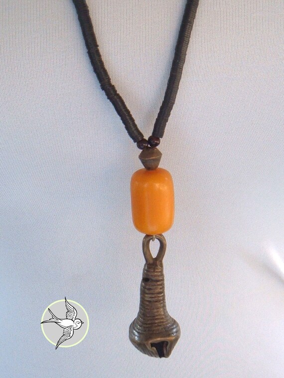 Vintage boho long metal bell and yellow bead neck… - image 2