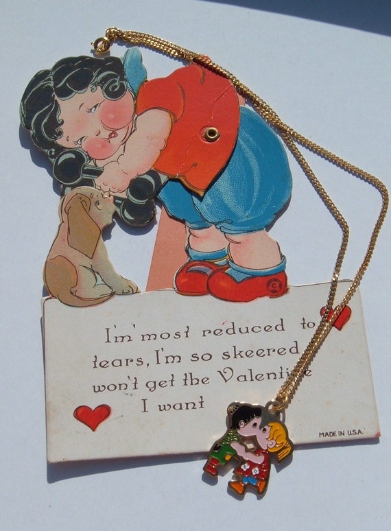 Kissing kids Taiwan vintage pendant necklace love… - image 3