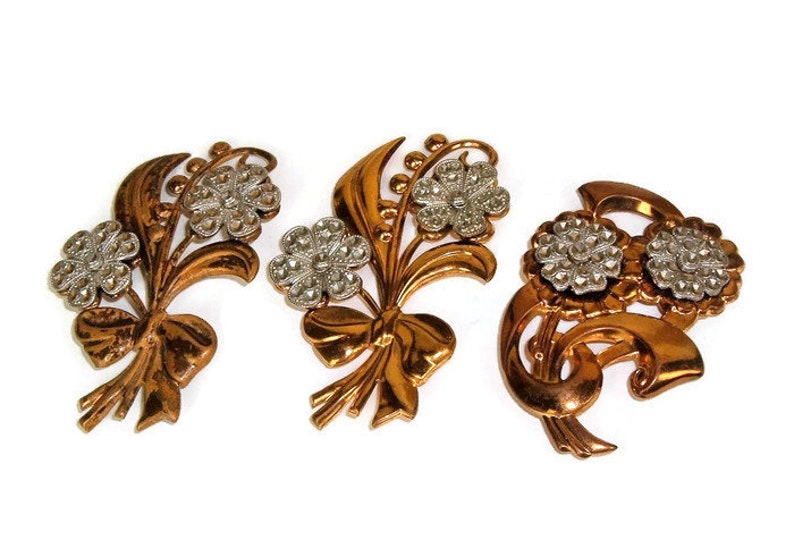 Victorian Floral Brass Metal vintage brooch lot of 3 Bridal Crafts wear image 1