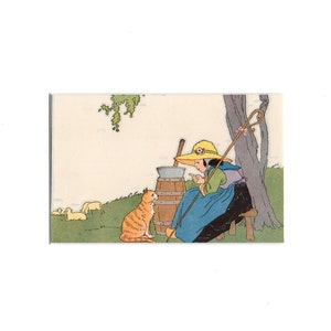 Vintage original ephemera Bo Peep and a cat  wall hanging matted ready to frame free shipping