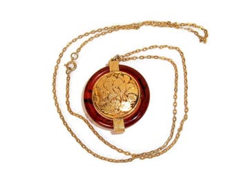 Vintage Floral Locket Necklace: Brown Plastic, Gold Tone Chain