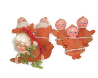 Vintage Santas & Elves Flocked Christmas Ornaments Lot X-mas Light Covers Ho Ho Holiday decor Christmas Kitsch Mrs Santa