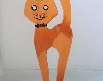 Vintage wood cat with a bow tie handmade figurine kitty kitsch rustic primitive