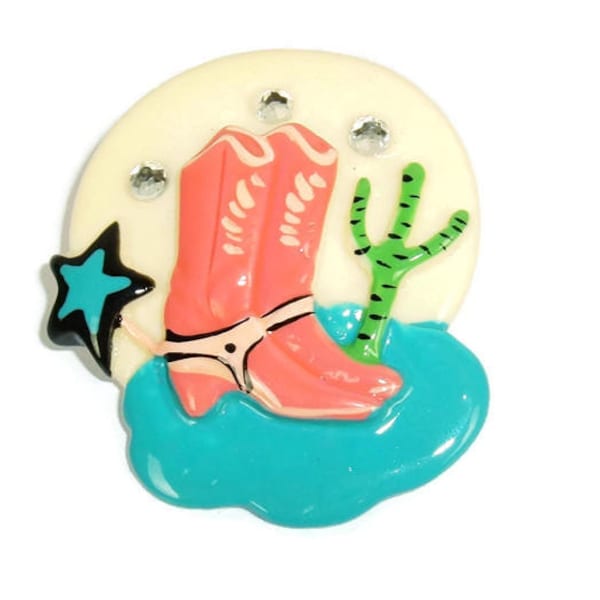 Vintage Cowboy Cowgirl Plastic Pin Brooch NOS Southwest Pink Boots Country Squaredance Rockabilly VLV Kitsch