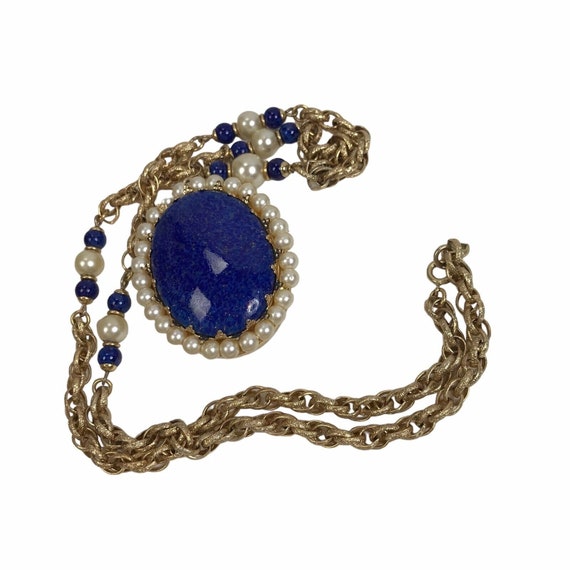 Vintage Photo Locket Pendant Necklace Blue Caboch… - image 1