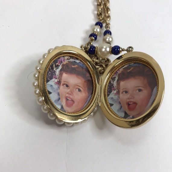 Vintage Photo Locket Pendant Necklace Blue Caboch… - image 5