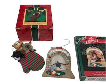 Vintage Cat Christmas Ornaments Hallmark Keepsake Handcrafted  Xmas kitsch 80s 90s feline kittens in a mitten