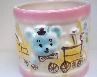 Vintage pink drum blue bear on a train Baby decor planter catch all