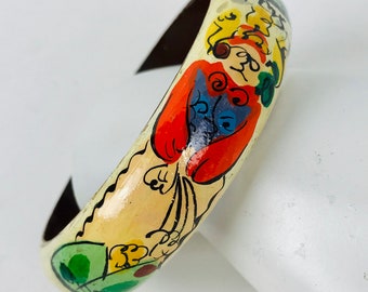 Wood Hand Painted Bangle Bracelet Artisan Signed Vintage Ethnic Folk Boho Statement