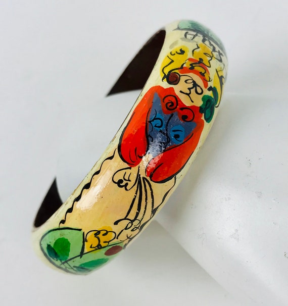 Wood Hand Painted Bangle Bracelet Artisan Signed … - image 1