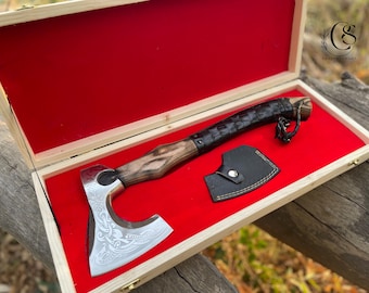 Handmade axe for camping, hunting, and bushcraft with personalized wooden box gift for engagement wedding, anniversary or groomsmen proposal