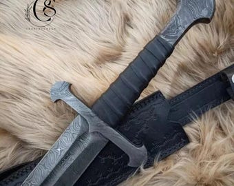 Espada Viking de Aço Damasco feita à mão e personalizada com bainha de couro, espada longa forjada à mão de 36'' com cabo de Aço Damasco e revestimento de couro