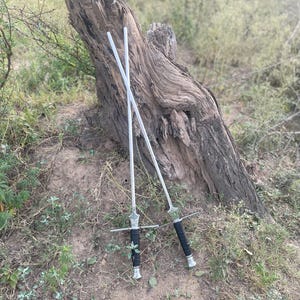 May include: Two silver swords with black handles and crossguards are leaning against a weathered tree trunk. The blades are long and slender, with detailed hilts. The scene is set outdoors, with green foliage and grass in the background.
