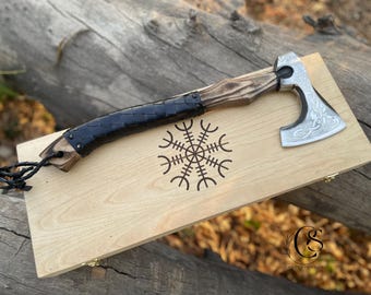 Custom Gift Axe with Personalized and Engraved Wooden Box, Handmade Viking Hatchet Camping Axe Best Birthday Gift for Him, Husband Boyfriend