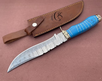 Hand Crafted Gift Damascus Steel Hunting Knife with Blue Resin Handle, Viking Knife Collectibles, Custom Engraved Gifts for Husband Dad Wife