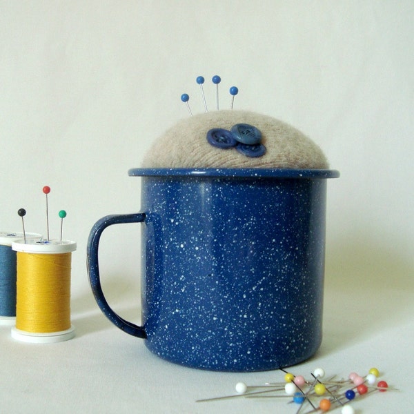 Pincushion Blue Enamelware Cup Campfire Mug Buttons Repurposed Make-Do Sewing