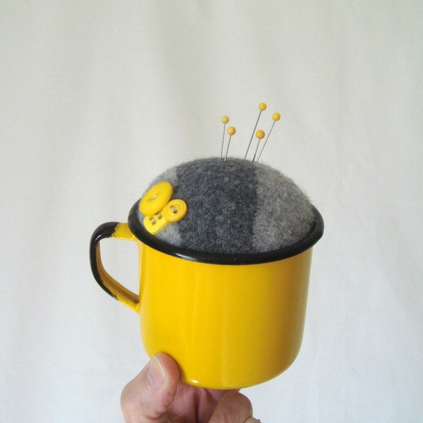 Pincushion Gray Yellow Enamelware with Buttons Repurposed Make-Do Pin Keep