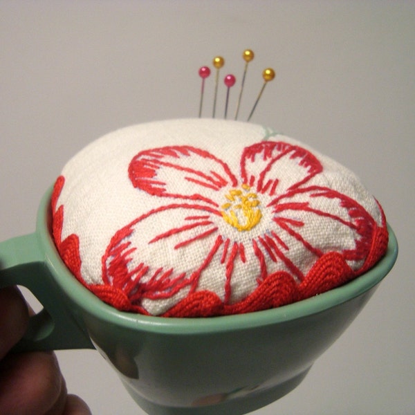 Pincushion Red Flower Green Melmac Teacup Repurposed OOAK Handmade
