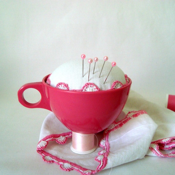 Pincushion Pink Teacup Lacy White Handmade in Vintage Melmac Valentines Gift