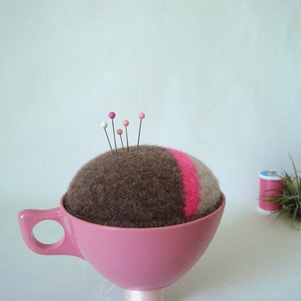 Pincushion Pink Teacup Brown Wool Handmade in Vintage Melmac Cup Make-Do