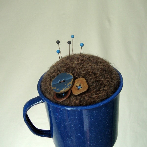 Pincushion Woodsy Brown Blue Enamelware Mug Wood Buttons Handmade OOAK