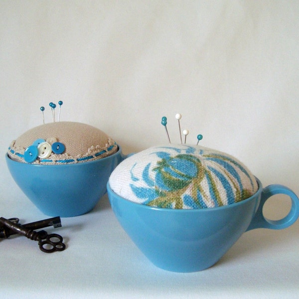 Blue Flower Pincushion Handmade in Vintage Teacup Make-Do Sewing Quilting