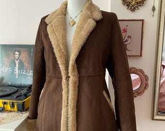 Brown Suede Penny Lane Coat for Women Vintage 80s Boho Shearling Afghan Jacket Retro Fur Trim Winter Coat Gifts for Her