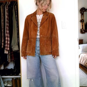 Women's Vintage 70s Brown Suede Leather Blazer Cogna  Notch Lapel Patch Pocket Jacket Handcrafted Gift for Her