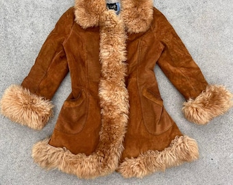 Vintage Brown Afghan Coat | Penny Lane Shearling Coat Women | Suede Fur Trim Jacket | 70s Boho Winter Coat | Sheepskin Coat