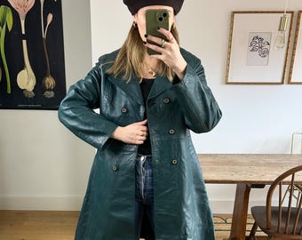 Womens Green Leather Coat Vintage Double Breasted Leather Jacket 70s Real Sheepskin Leather Trench Coat Custom Winter Coat Gifts For Her