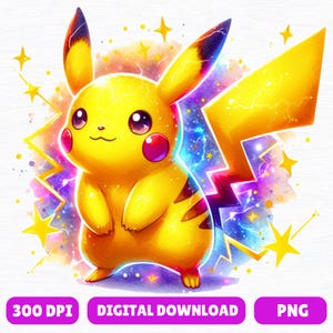 Cartoon Pikachu PNG: Watercolor Splash Sublimation Design (Digital Download)