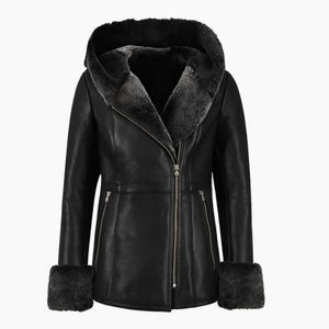 May include: Black leather jacket with a hood and faux fur lining. The jacket features a zipper closure, side pockets, and fur trim on the cuffs. A stylish outerwear piece for cold weather.