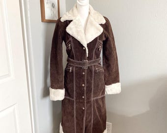 Brown Suede Penny Lane Coat with White Shearling Trim | 70s Afghan Belted Vintage Coat | Retro Boho Winter Suede Jacket Women