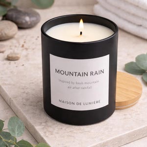 Pode incluir: Uma vela preta acesa em um frasco de vidro cilíndrico com um rótulo branco que diz "MOUNTAIN RAIN". A vela está ao lado de uma tampa de madeira. O texto no rótulo diz "Inspirado no ar fresco da montanha após a chuva" e "MAISON DE LUMIÈRE".