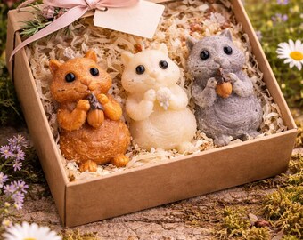 Juego de velas de soja de ardilla hechas a mano / Decoración navideña de bosque