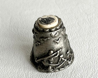 Vintage Pewter Whaling Thimble, Signed Nicholas Gish, Scrimshaw Sailing Ship Thimble