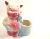 Vintage Pink and Blue Pig Planter Pottery Ceramic Storage Pencil Paintbrush Container Cottage Chic
