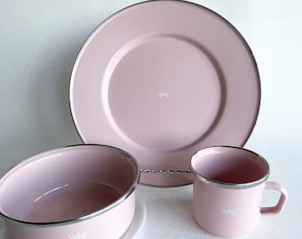 Vintage Golden Rabbit Enamelware Child's Dish Set, Pink Crown, Plate, Cup, Lidded Bowl