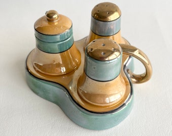Vintage Nippon Condiment Set, Lustreware, Hand Painted, Nippon Made in Japan, Thumb-hold Tray with Salt & Pepper, Lidded Pot with Spoon