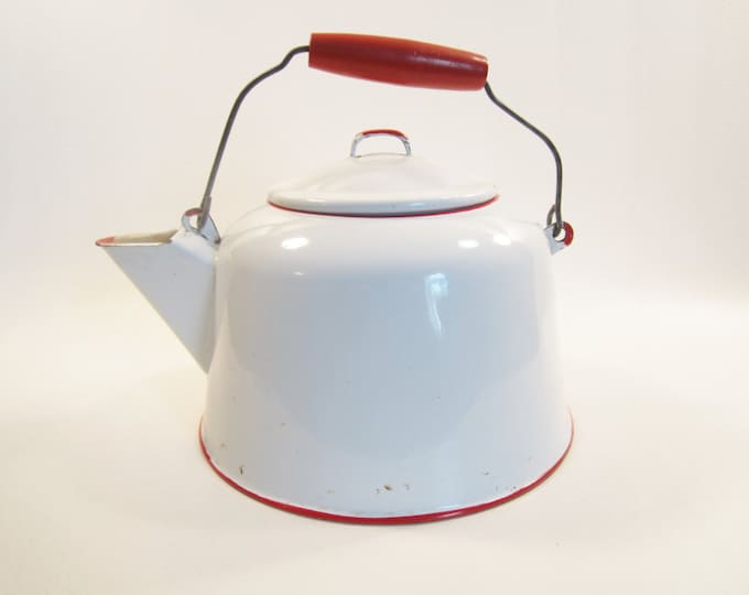 Vintage Enamel Tea Kettle White and Red Wood and Wire Handle Etsy