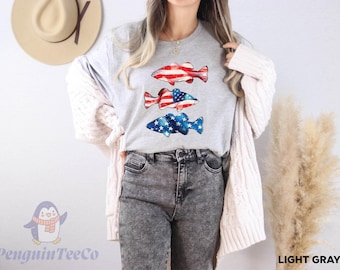 Patriotic American Flag Fish Shirt, USA Stars and Stripes Fishing Tee, 4th of July  Gift, Red White Blue Bass Shirt, Fourth Of July Shirts