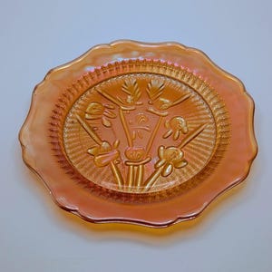 Vintage Jeannette Iris & Herringbone Marigold Carnival Glass Plate – Iridescent Dessert Dish