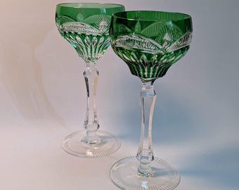 Vintage Emerald Green Cut-to-Clear Crystal Wine Hocks – Bohemian Style Goblets (Pair)