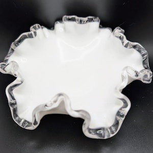 Vintage Fenton Silver Crest Milk Glass Bowl | Round Double-Crimped Ruffle Edge | White Decorative Dish