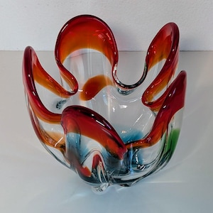 Vintage Murano Style Art Glass Bowl – Multicolor Handblown Swirl, Freeform Sculptural Dish